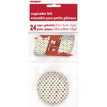 Kit 24 Caissettes et Dco  Cupcakes  pois Rouge/Vert 