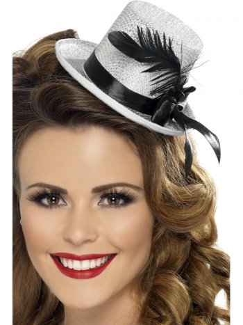 Mini Chapeau Burlesque Argent Plumes Noires 