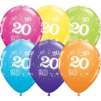 6 Ballons Multicolores 20 ans 